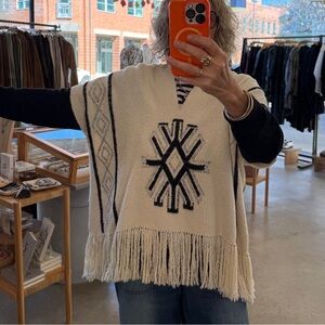 Ulla Johnson Cream and Black CottonPoncho w Fringe